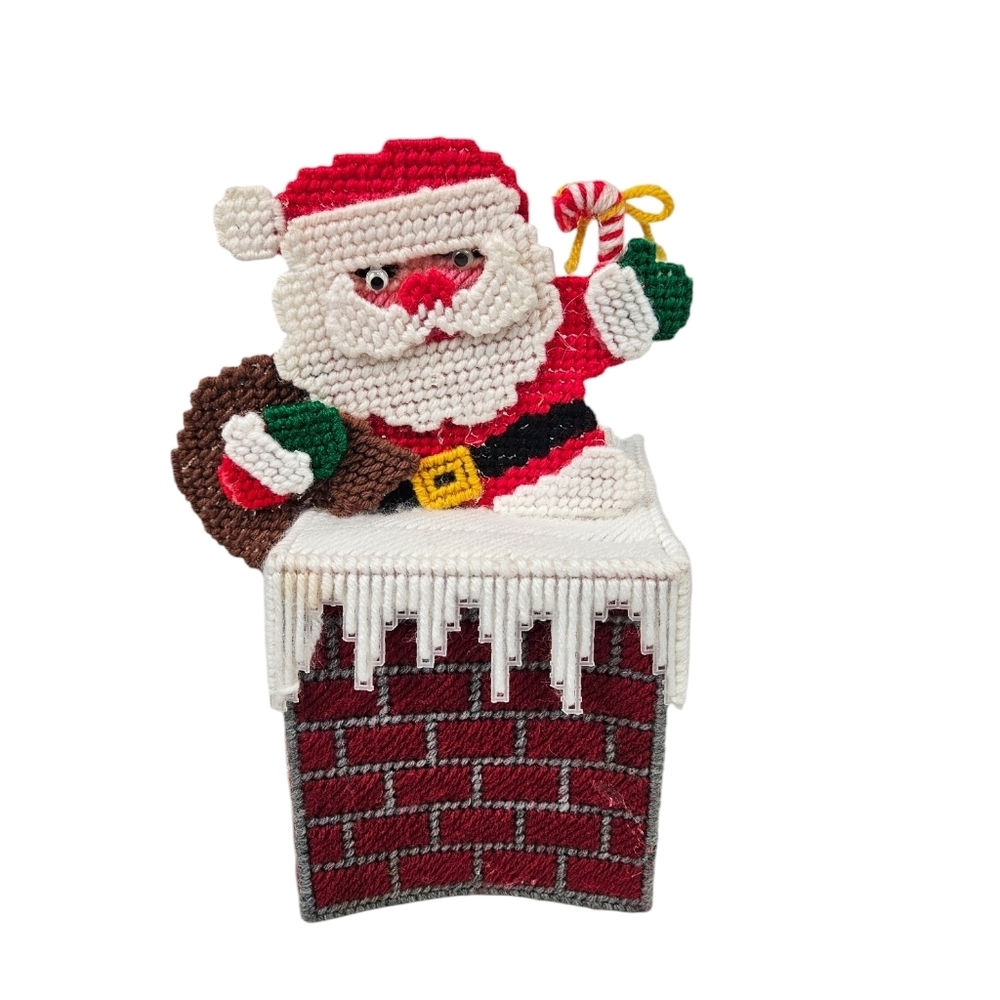Vintage Handmade Red 3D Christmas Santa in Chimney‎ Needlepoint Tissue Box Cover